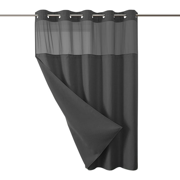 No Hook Waffle Weave Shower Curtain with Snap in Liner Set, Hotel Luxury Dark Gray Shower Curtains for Bathroom with See Through Top Window, Waterproof, Washable 71W x 74H