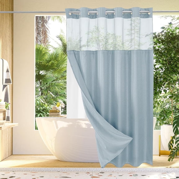 No Hook Waffle Weave Shower Curtain with Snap-in Fabric Liner Set for Bathroom, Hotel Style with Mesh Top Window, Waterproof & Washable, Fog Blue, 72x74