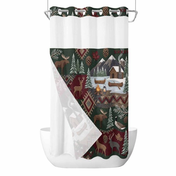 No Hook Western Boho Shower Curtain with Snap in Liner Set, Farmhouse Country Rustic Chic Wild Nature Cabin Deer Waterproof Bathroom Curtains with See Through Top Window, Small 36 x 72 Inch