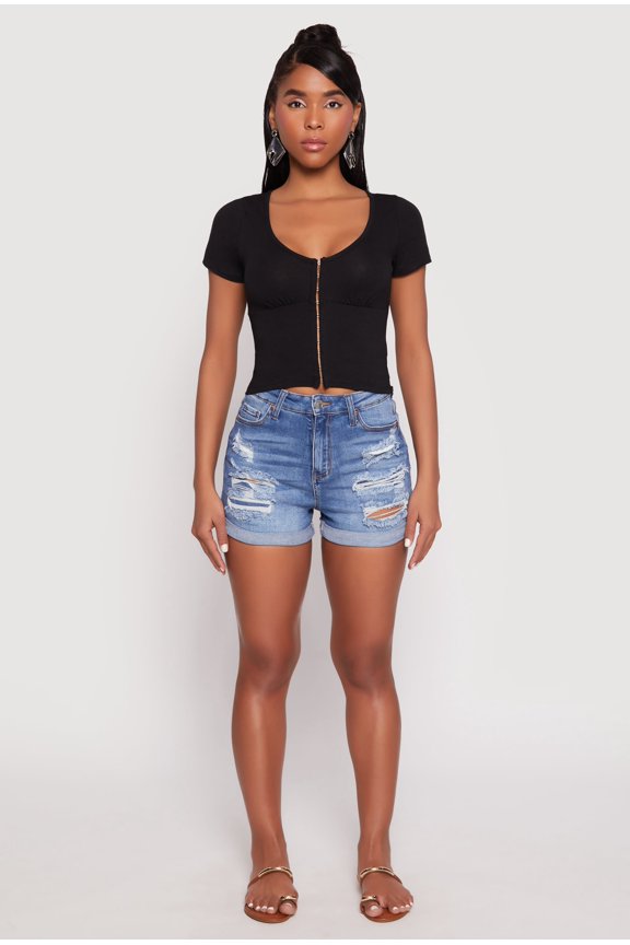 Womens Hook and Eye Short Sleeve Crop Top