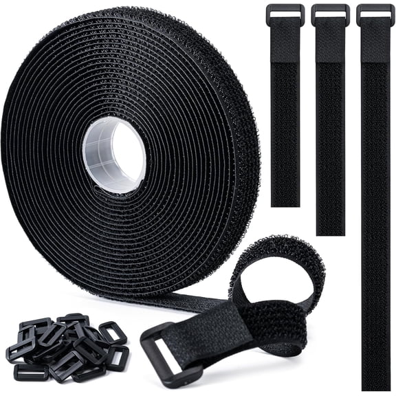 Hook and Loop Straps 0.8in x 16ft with 25 Plastic Buckles Adjustable Nylon Tie, Black