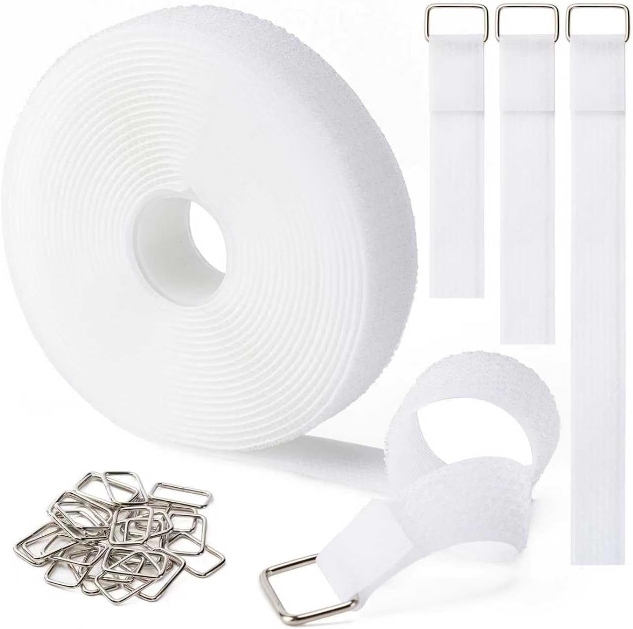 Hook and Loop Straps 1in x 16ft with 25 Metal Buckles, White Nylon ...