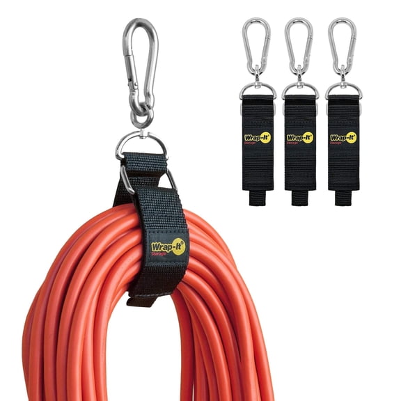 Hook 'n Hang Wrap-It Storage Straps - 12" (3-Pack) Black - Carabiner Straps for Cord Storage or Garden Hose Holder