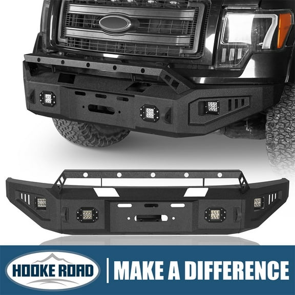 Hooke Road Full Width Front Bumper w/ Winch Plate & 4x LED Lights Fit 2009-2014 Ford F-150