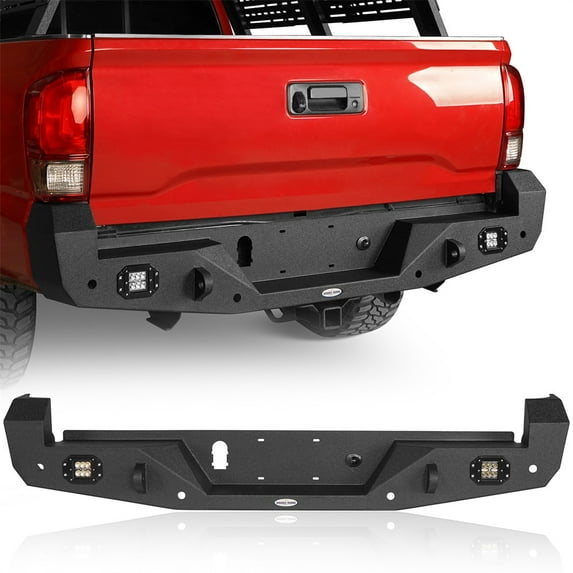 Hooke Road Rear Back Steel Bumper w/ D-Rings & LED Floodlights Fit Toyota Tacoma 2016-2023 , Black