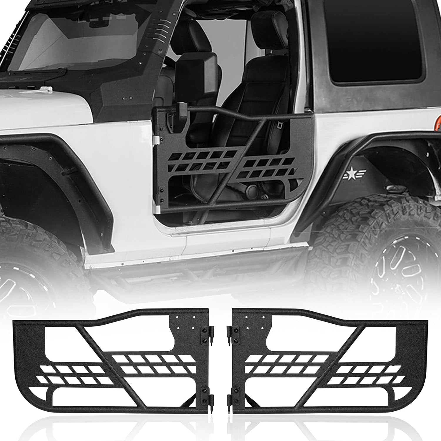 Hooke Road Side Steps Running Boards For 2007-2018 Jeep Wrangler JK 2-Door - Black Tubular Nerf Bars