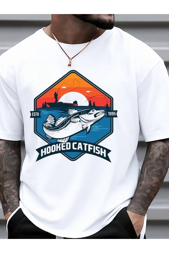 Hooked Catfish Tee fish t-shirt funny t shirts for men 180G 100% Cotton white Stylish summer outerwear Perfect for exercise Regular fit, everyday comfort, relaxed and urban style fishing for men fun