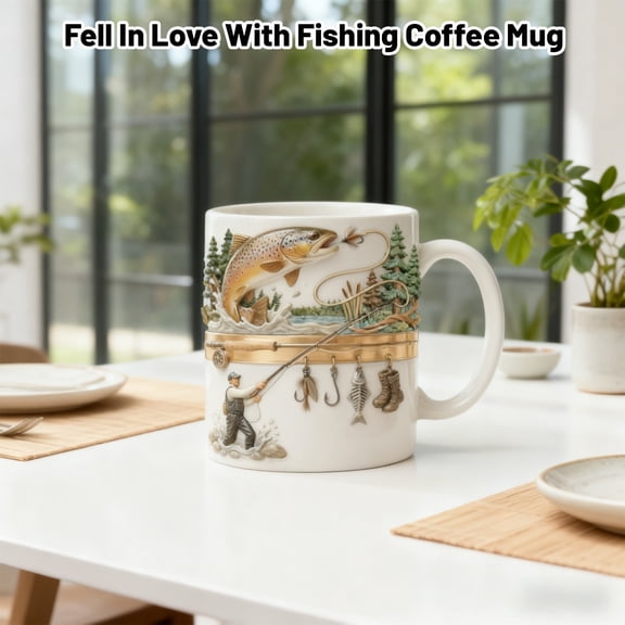 Hooked on Fishing White Coffee Mug, 3D Effect Printed Customized Fisherman Accent Mug, Personalized Fishing Coffee Mug for Men Dad, Fisherman Ceramic Mug with Name, Fishermans Father's Day Gifts Dad