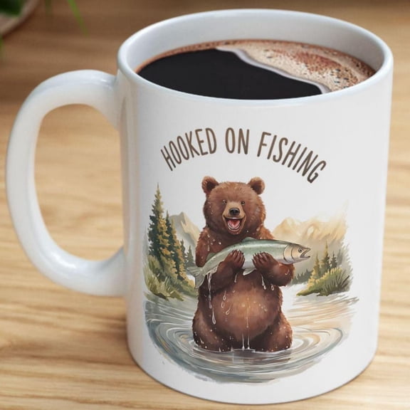 Hooked On Fishing Mug, Bear tching Trout Watercolor Coffee Cup.jpg