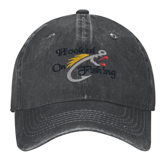 Hooked On Fishing Print Vintage Wash Dad Hat Adjustable Curved Brim Baseball Cap,Made In USA,Casual Outdoor Sports Fishing Cap for Men and Women
