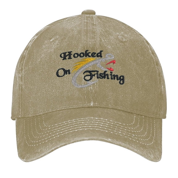 Hooked On Fishing Print Vintage Wash Dad Hat Adjustable Curved Brim Baseball Cap,Made In USA,Casual Outdoor Sports Fishing Cap for Men and Women