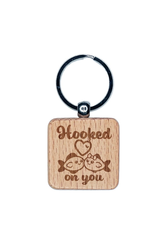 Hooked On You Fish Love Anniversary Valentine's Day Square Keychain Charm Tag - Engraved Wood