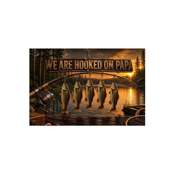 We Are Hooked On Papa Fishing Rod Pole Hook Poster Canvas, Funny Canvas Decor Fathers Day Keepsake Husband, Sunset Fisherman Birthday Gift Husband Wall Art
