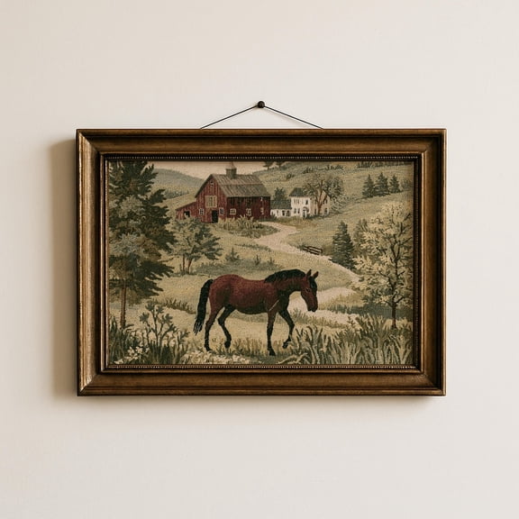 Hooked Rug Horse Wall Art Print, Primitive Farmhouse Landscape Decor