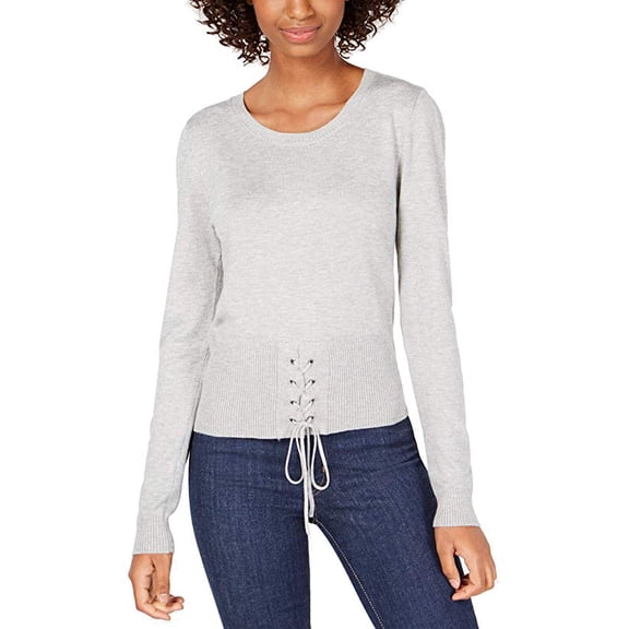 Hooked Up By Iot Juniors Crew Neck Lace Up Sweater Light Grey Heather XL