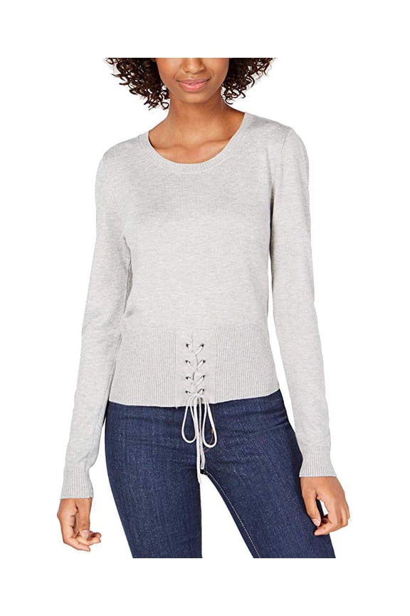 Juniors Crew Neck Lace Up Sweater Light Grey Heather XL