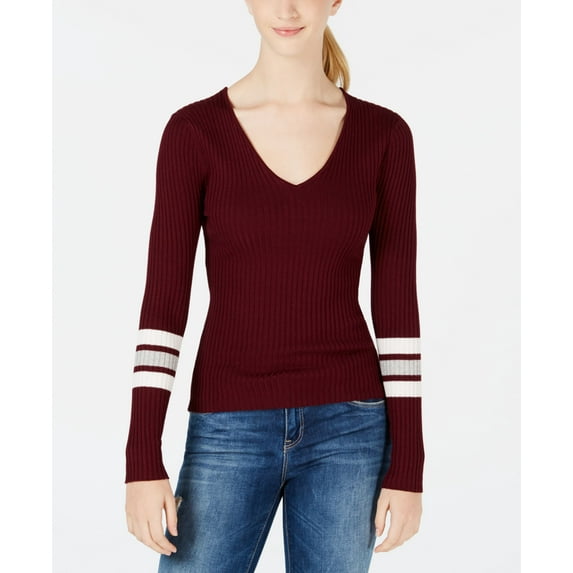 Hooked Up By Iot Juniors Lace Up Varsity Stripe Sweater Vino M