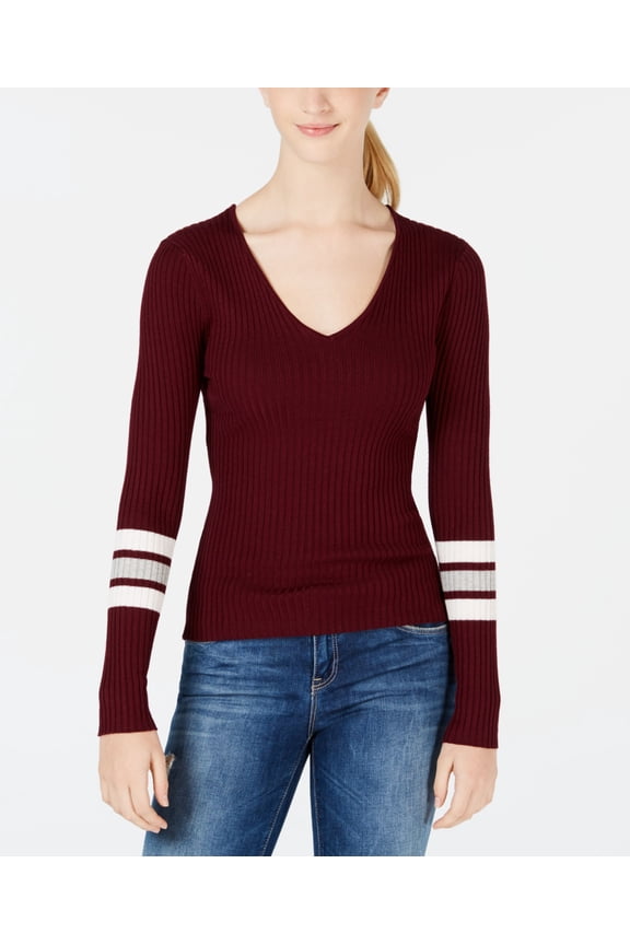 Juniors Lace Up Varsity Stripe Sweater Vino M