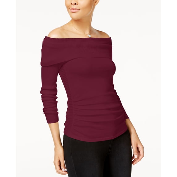 Hooked Up By Iot Juniors Off The Shoulder Ruched Sweater Ruby Wine L