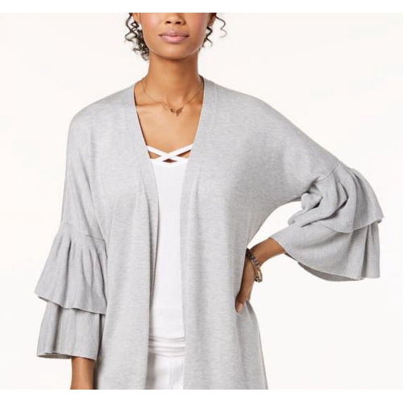 Hooked Up By Iot Juniors Ruffled Sleeve Cardigan Light Grey XL