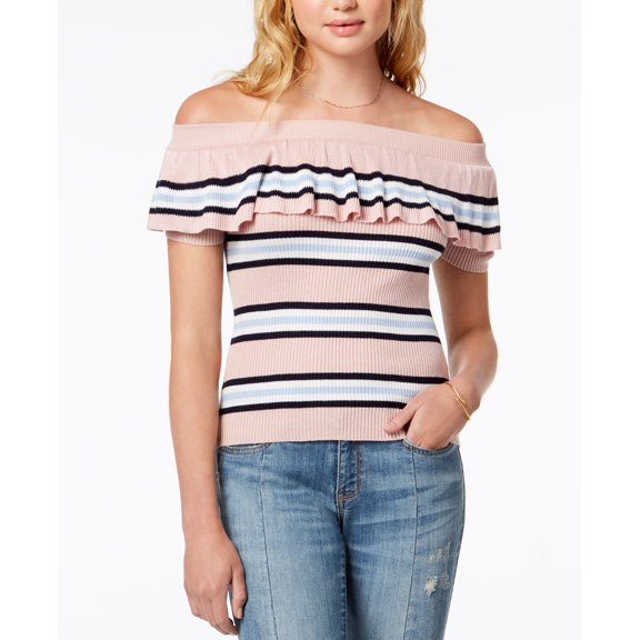Hooked Up By Iot Juniors Striped Off The Shoulder Flounce Sweater Rosey Moss Stripe M