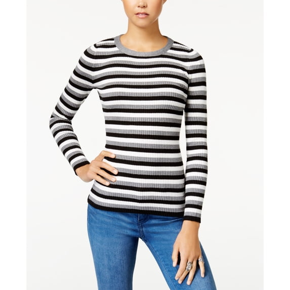 Hooked Up By Iot Juniors Zip Back Striped Sweater Silver Grey XL