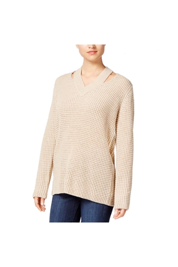 by IOT Juniors Cutout Collar Sweater (Oatmeal Heather, Small)