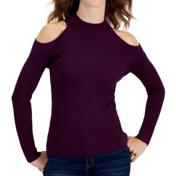 Hooked Up by IOT Womens Cold Shoulder Knit Sweater, Purple, Juniors, X-Large