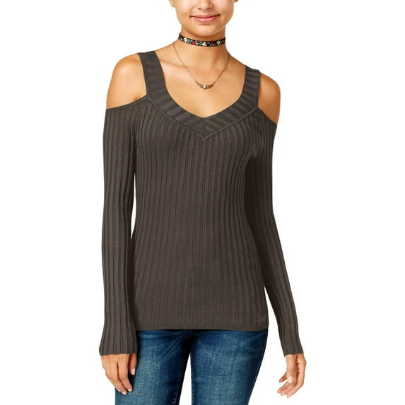 Hooked Up by IOT Womens Juniors Fitted Cold Shoulder Pullover Sweater