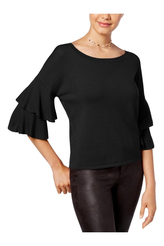 Womens Juniors Knit Double Ruffle Sweater