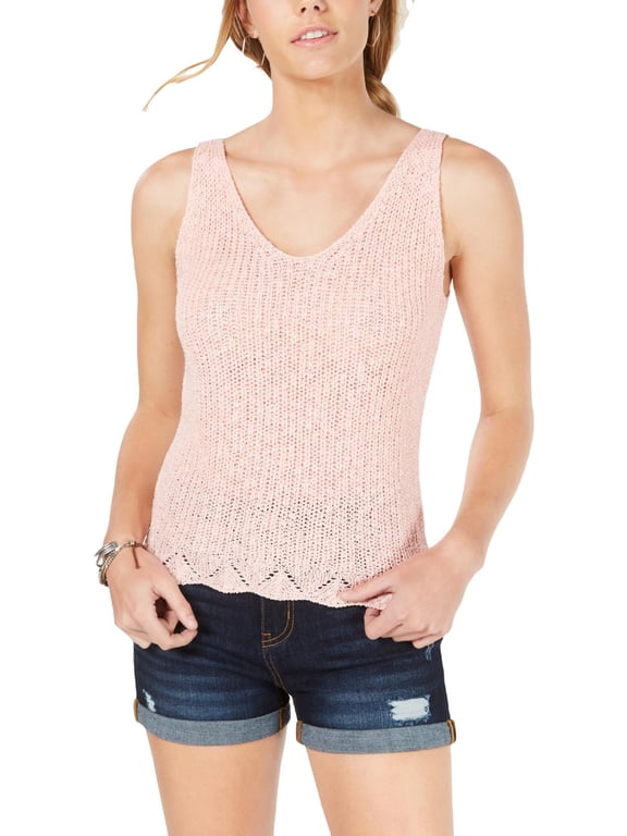 Womens Juniors Open Knit V-Neck Tank Top Sweater Pink XL