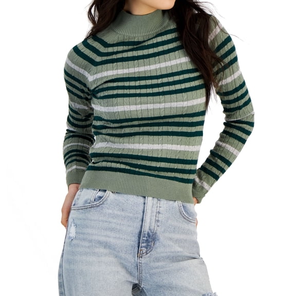 Hooked Up by IOT Womens Striped Mini-Cable Pullover Sweater, Green, Juniors, Large