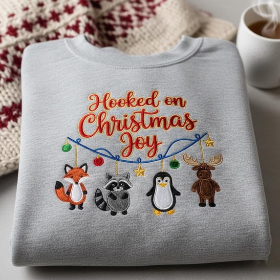 Hooked on Christmas Joy Embroidered Sweatshirt, Funny Animal Holiday Crewneck, Winter Moose Fox Raccoon Penguin Sweater