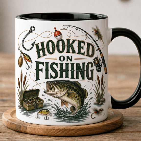 Hooked on Fishing Mug, 2D Flat Mug Gift for Anglers, Fishermen & Bass Fishing Fans