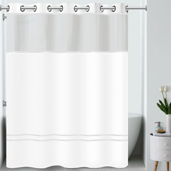 Hookless Escape Shower Curtain, 3-in-1 Shower Curtain with Sheer Top Window, Flex-on Rings & Fabric Liner, 71 In Wide x 74 In Long, White