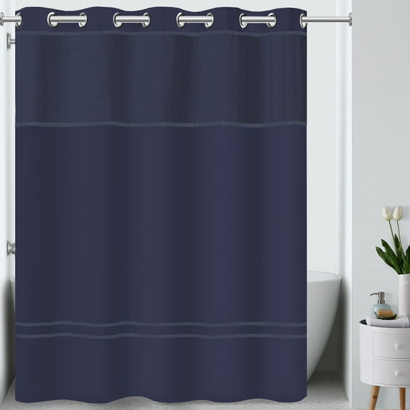 Hookless Escape Shower Curtain, 3-in-1 Shower Curtain with Sheer Top Window, Flex-on Rings & Fabric Liner, 71 In Wide x 74 In Long, Navy