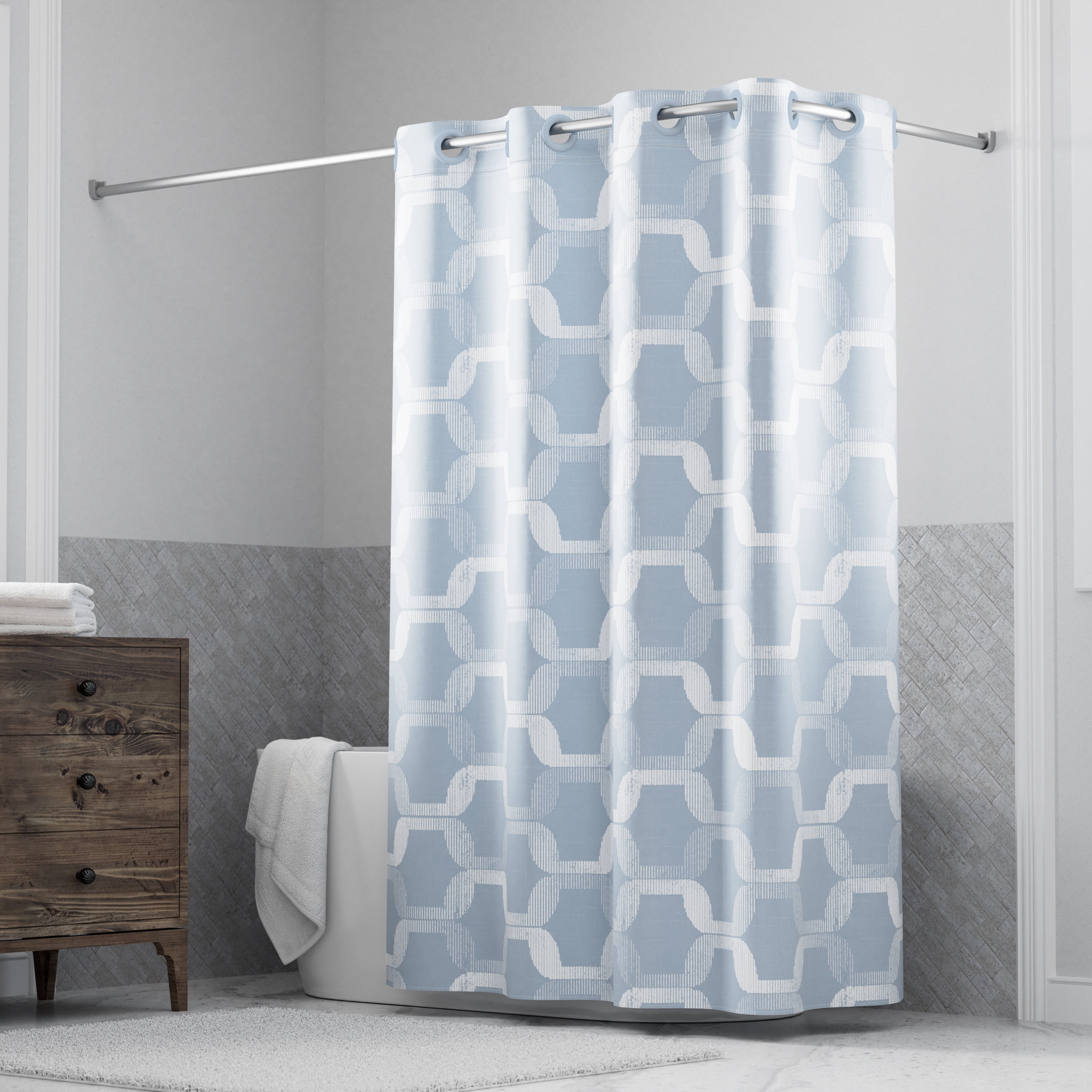 Hookless Faux Silk Shower Curtain with Flex-on Rings and It's a Snap! Fabric Liner with Magnets, 71 In Wide x 74 In Long, Geo Ombre Print, Blue