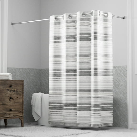 Hookless Faux Silk Shower Curtain with Flex-on Rings and It's a Snap! Fabric Liner with Magnets, 71 In Wide x 74 In Long, Stripe Print, Gray