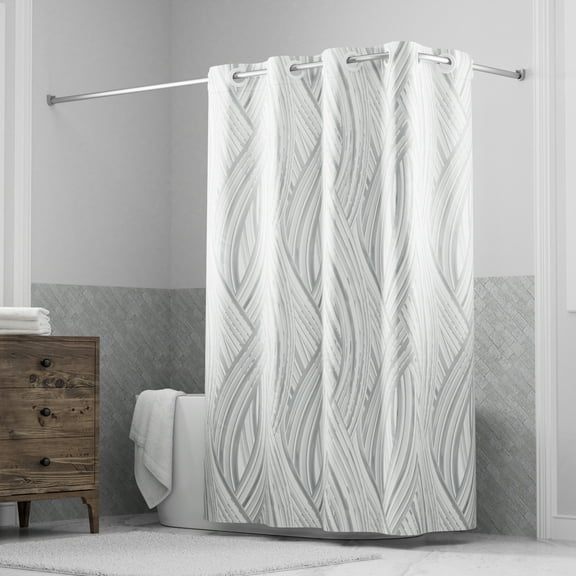 Hookless Faux Silk Shower Curtain with Flex-on Rings and It's a Snap! Fabric Liner with Magnets, 71 In Wide x 74 In Long, Waves Print, Silver
