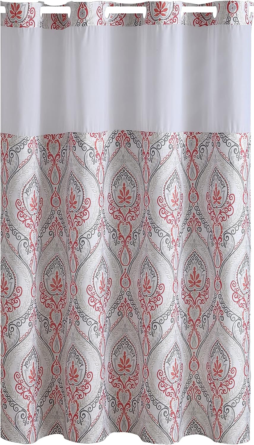 Hookless French Damask Print Shower Curtain with Peva Liner, 71 in x 74
