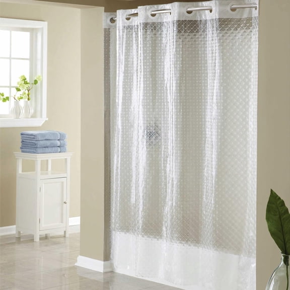 Hookless Full Length 2-in-1 Chlorine-Free Diamond PEVA Shower Curtain with Flex-On Rings for Easy Installation, 71" x 74", Water-Repellent, Install, Clear