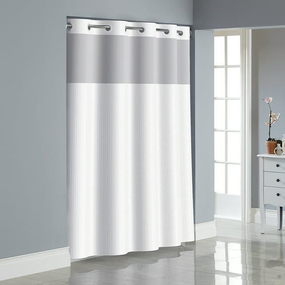 Hookless Shower Curtain Polyester White Herringbone 71 x 74 in Flex-on Rings PEVA Liner Sheer Window