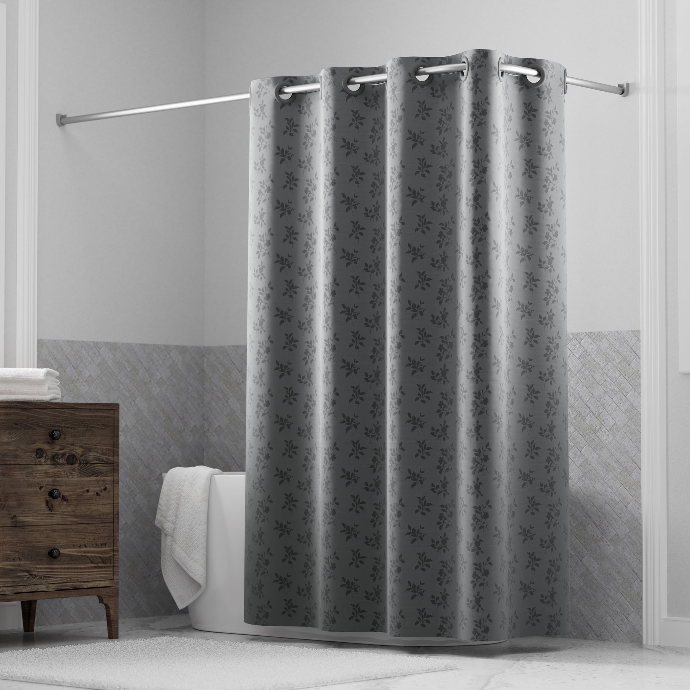 Hookless Jacquard Shower Curtain with Flex-on Rings and It's a Snap! Fabric Liner with Magnets, 71 In Wide x 74 In Long, Botanical Leaves Print, Gray