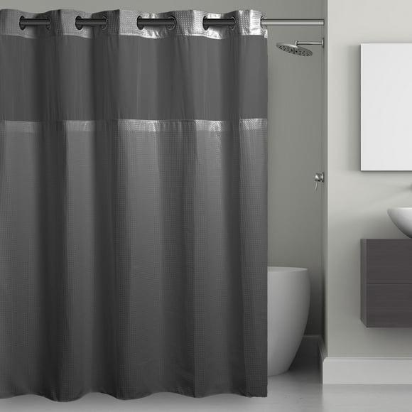 Hookless Waffle Shower Curtain, 3-in-1 Shower Curtain with Sheer Top Window, Flex-on Rings & Fabric Liner, 71 In Wide x 74 In Long, Graphite Grey