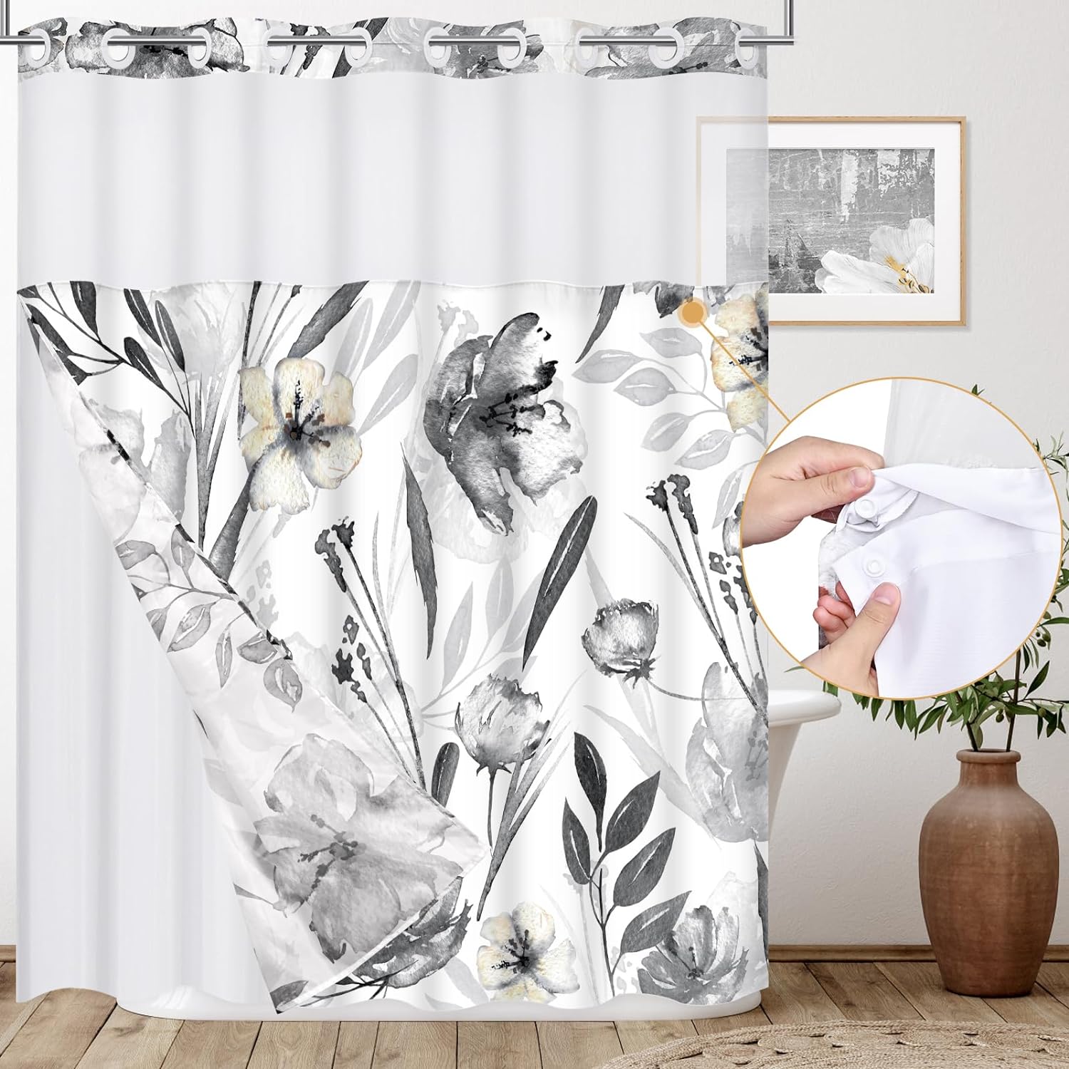 Hookless Shower Curtain with Recessed Liner Set, Hotel Style Black