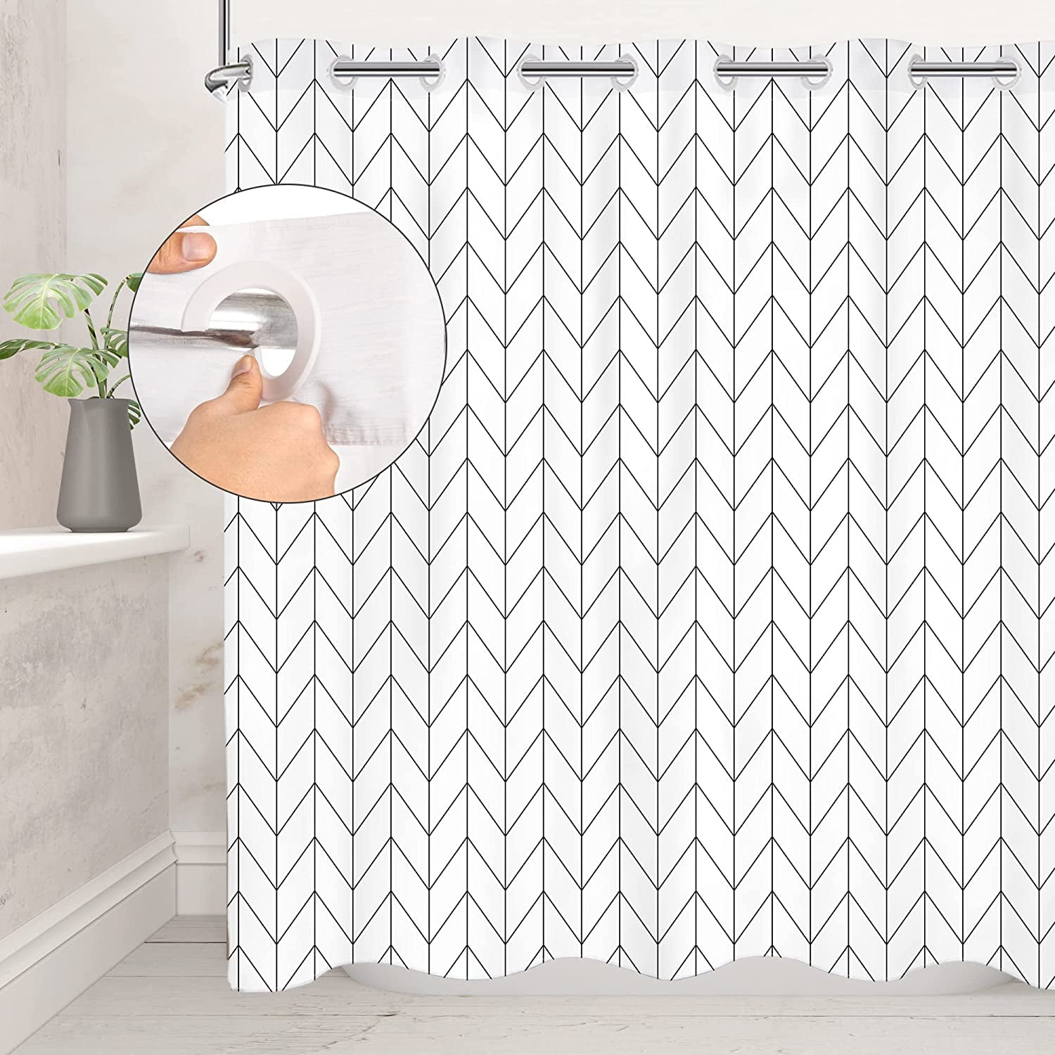 Hookless Stall Shower Curtain 72Wx72H Inch No Hooks Needed Chevron