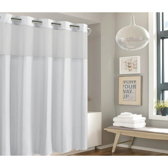 Hookless Waffle Stripe Shower Curtain, 2-in-1 Shower Curtain with Sheer Top Window and Flex-on Rings, It's a Snap! Liner Compatible , 71 In Wide x 74 In Long, Bright White