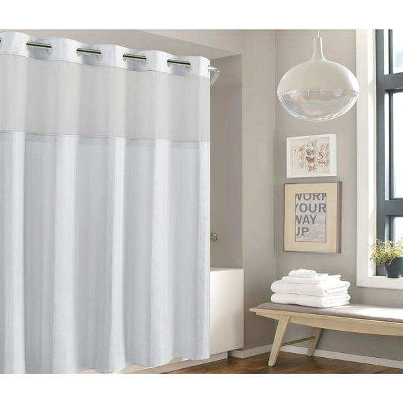 Hookless Waffle Stripe Shower Curtain, 2-in-1 Shower Curtain with Sheer Top Window and Flex-on Rings, It's a Snap! Liner Compatible , 71 In Wide x 74 In Long, Bright White