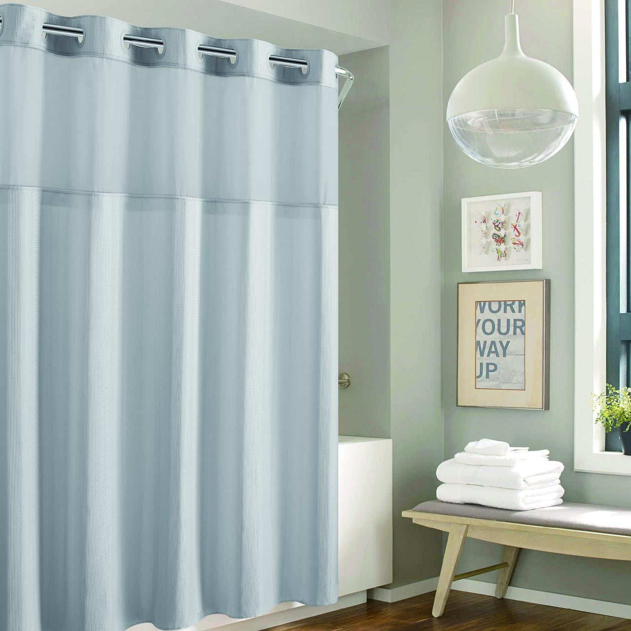 Hookless Waffle Stripe Shower Curtain with Sheer Window, 71 x 74 in, Light Grey