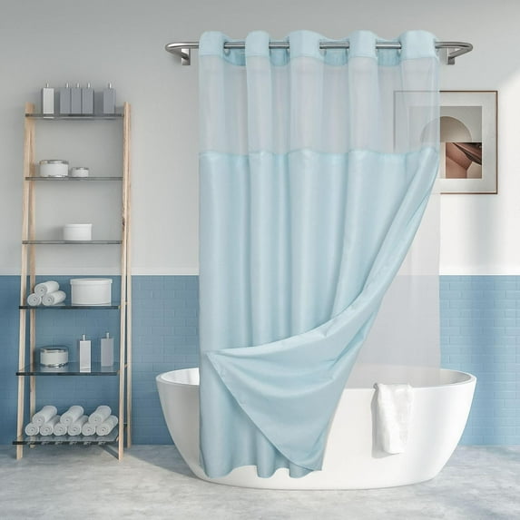 Hookless shower curtain with snap-in PEVA lining set -, hotel style with see-through top window, fabric exterior curtain and waterproof inner lining